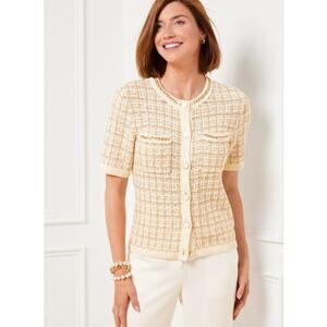 Talbots‎ Short Sleeve Chain Trim Jacquard Cardigan Gold Ivory Size Small Petite
